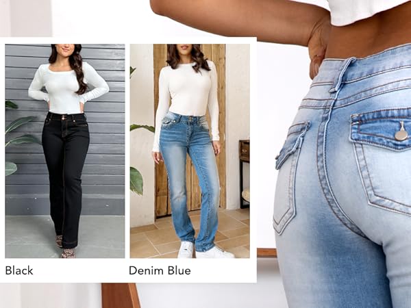Double Waist Boots Cut Denim Mid Blue　S Flamingals Bootcut Jeans for Women Stretchy Mid Rise Double