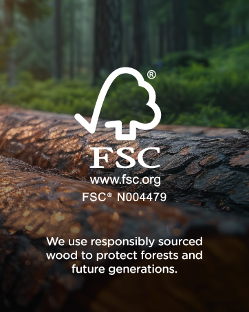 Text reads: 'FSC® N004479 www.fsc.org' and 'We use responsibly sourced wood to protect forests and future generations.' Logo and text shown on forest background.