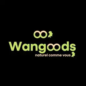 avec le texte « Wangoods » en vert clair sur fond noir, avec le symbole de l'infini et le slogan «