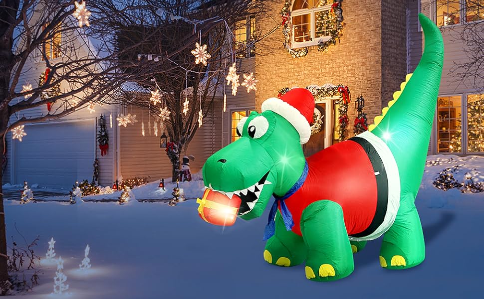 JJ JUJIN Outdoor Inflatable 8FT Christmas Dinosaur with LED Lights, Holiday Lawn Decoration