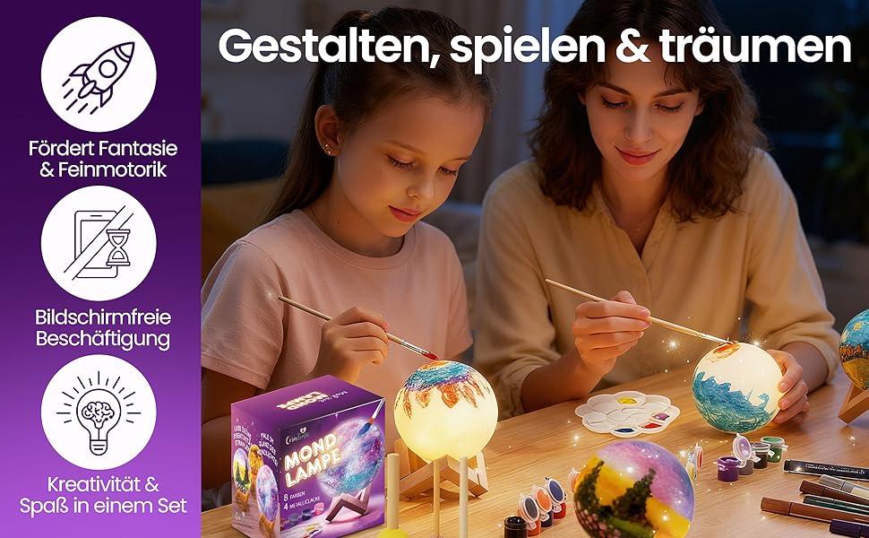 Der Text lautet 'Gestalten, spielen & träumen'. Mehrere Bilder zeigen Kinder bei kreativen Spielaktivitäten mit farbenfrohen Bastelmaterialien.