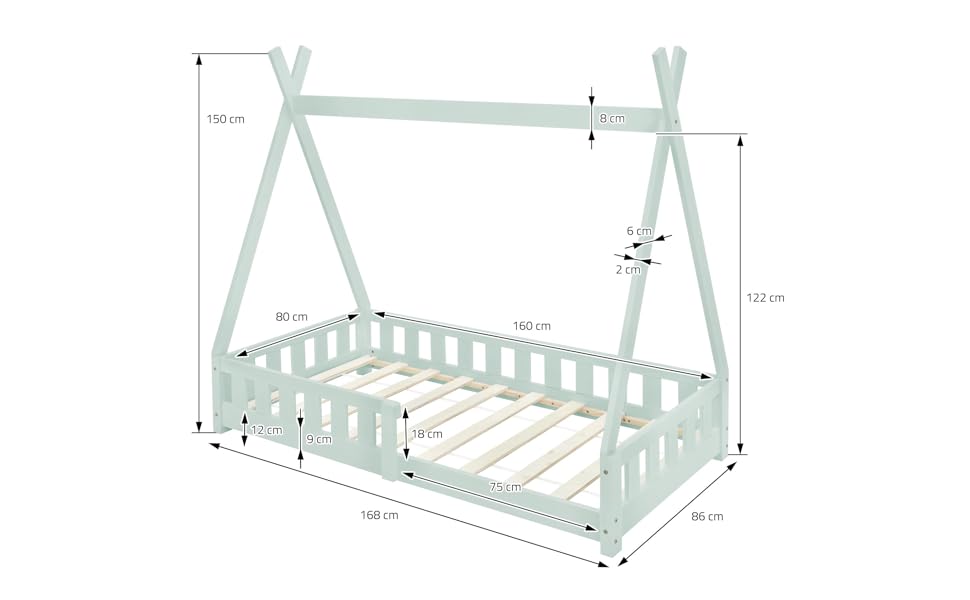 ML-Design ML-216/kinderbed Tipi + valbescherming 160 x 80 cm mintgroen mint