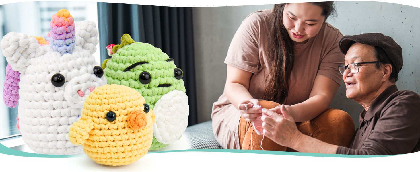 close up of finished crochet kits made by a father and daughter team