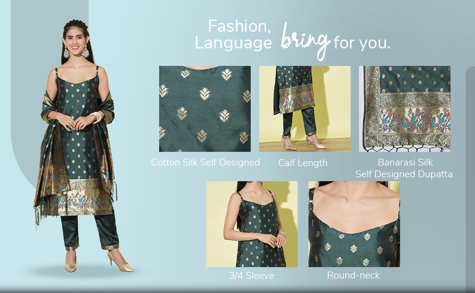 VredeVogel Women's Cotton Self Design Banarasi Sleeveless Straight Kurta