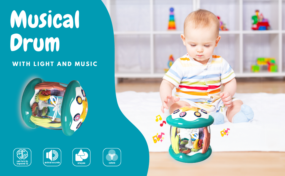 Obsiusfb Musical Light Up Infant Drum Toy, 360° Rotating