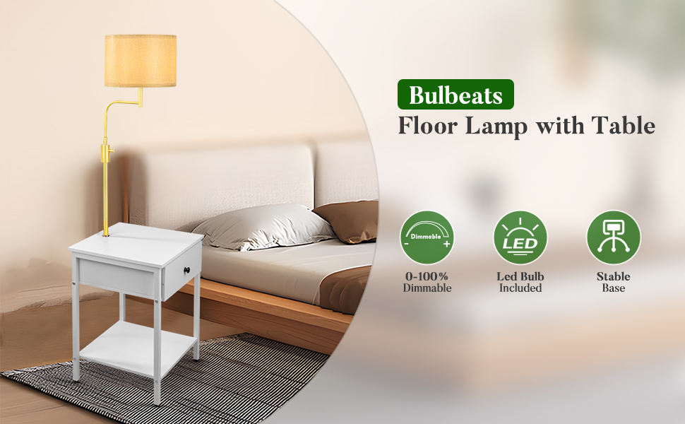 bulbeats End Table with Lamp, Dimmable End Table Lamp with Drawer for