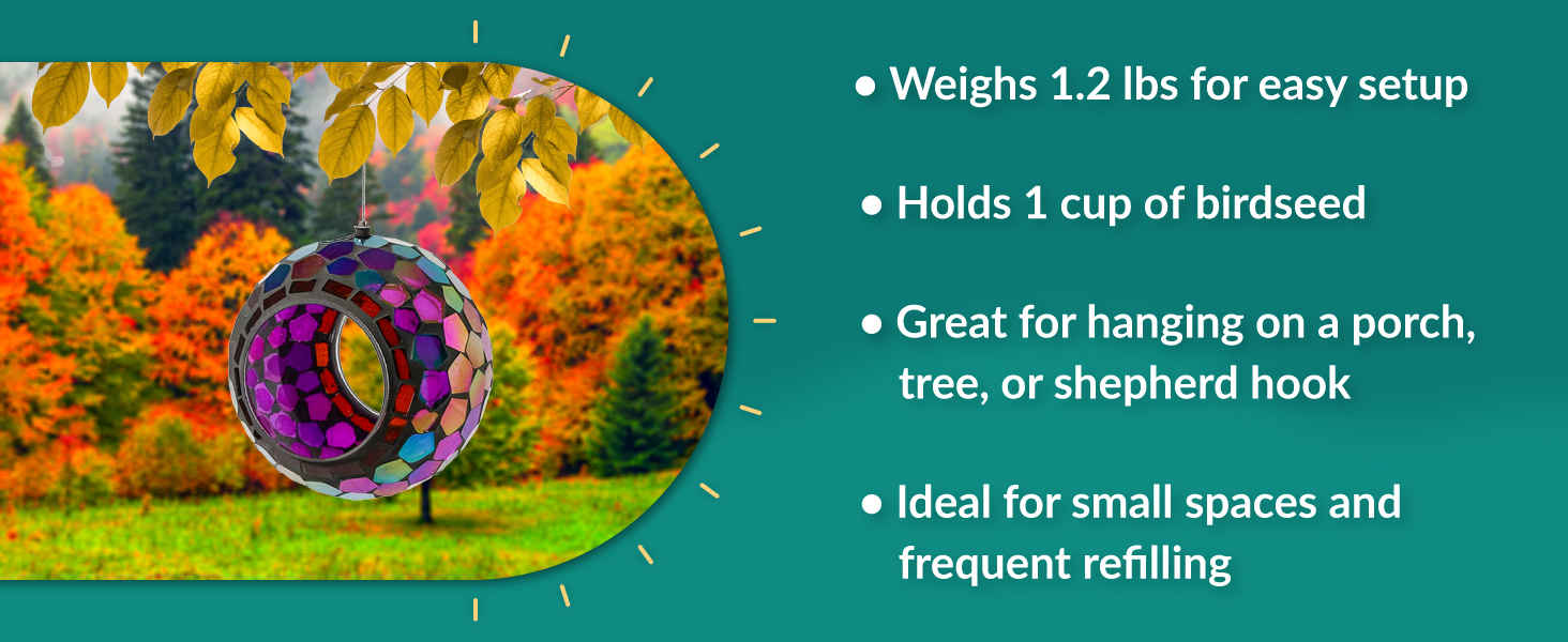 Weighs 1.2 pounds for easy setup holds 1 cup of birdseed hang on a porch tree or shepherd hook