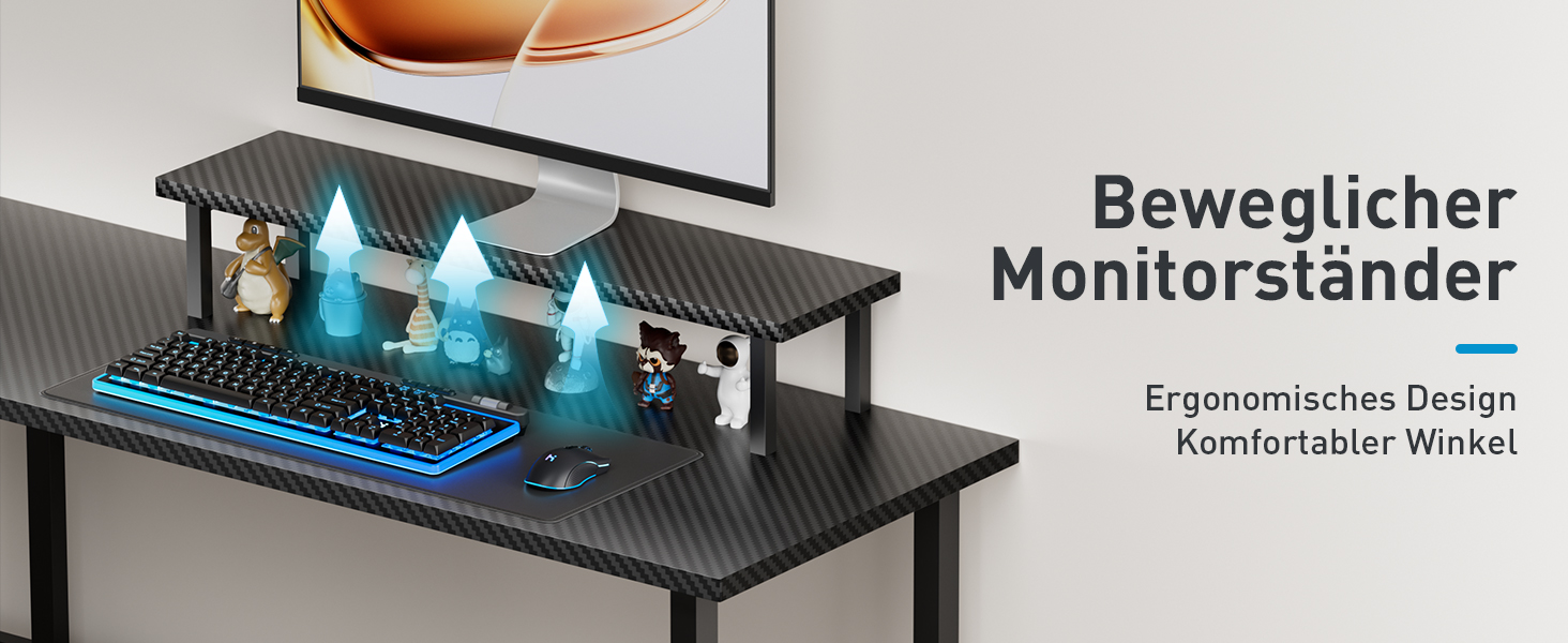 Zweistöckiger Monitorständer mit ergonomischem Design, Tastaturablage und blauen Luftstromanzeigen mit Höhenverstellbarkeit. Schwarze, strukturierte Oberfläche mit Kabelführung