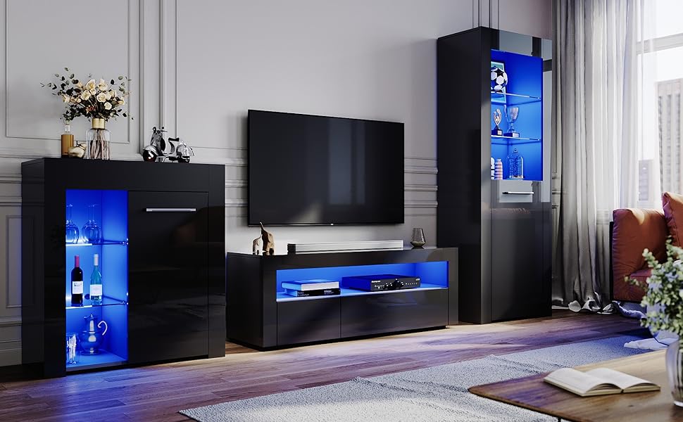 ELEGANT Black Gloss Sideboards Cupboard Tall Display Unit with