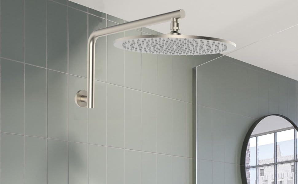 Aquaiaw High Rise Shower Arm and Flange, 16 inch, Solid Brass, Both