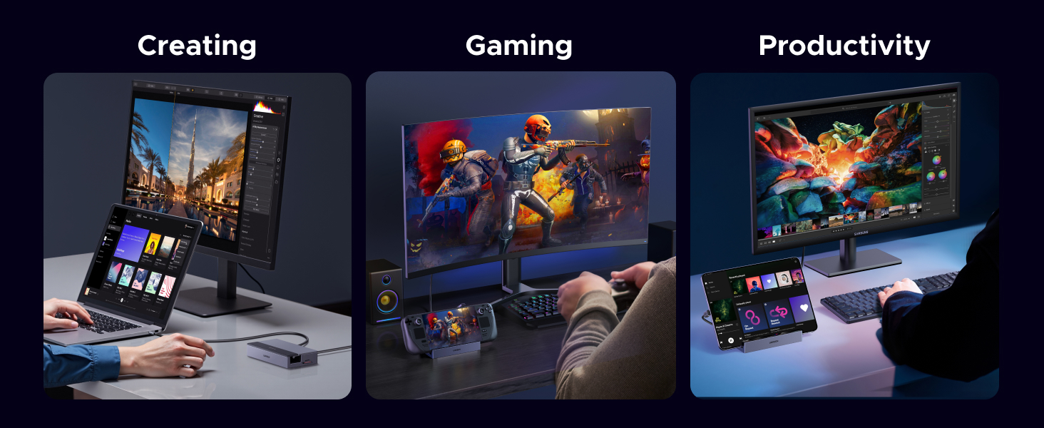 Triptych showcasing versatile monitor and tablet setup for creating, gaming, and productivity. Displays vibrant graphics and multiple applications across three usage scenarios.