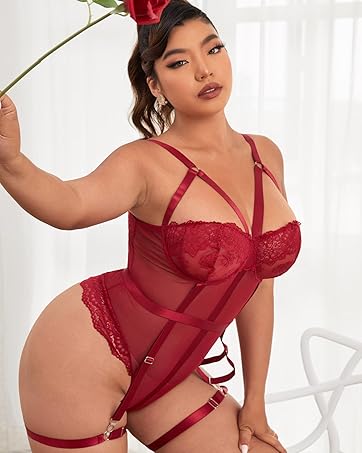 Women Plus Size Ring Linked Cut Out Sheer Mesh Teddy Bodysuit Garter Lingerie Set