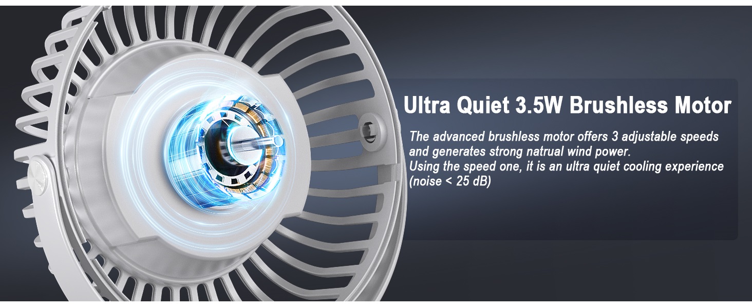 This stroller desk fan built-in brushless motor, which is powerful and has a long service life.