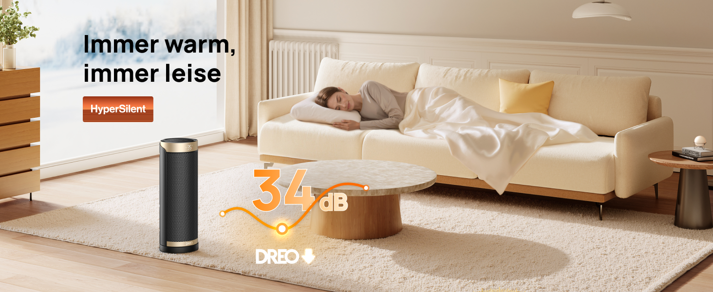 Der Text lautet „Immer warm, immer leise“. Wohnzimmerszene mit Gerät in modernem Interieur mit beigen Möbeln und Teppichböden.