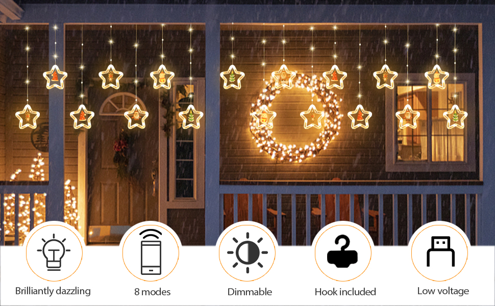 Decorative LED light set featuring star-shaped lights and a crescent moon design. Product icons show 8 modes, dimmable function, and low voltage.