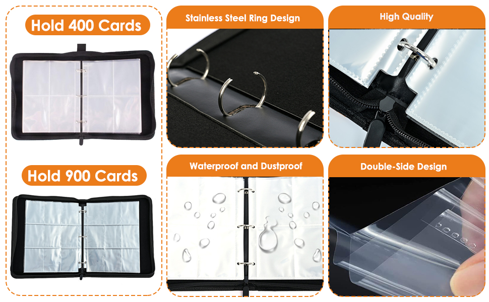 Trading Card Binder 9 Pocket with 50 Removable Sleeves, Waterproof Card