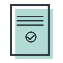 Icône simple d'un document ou d'un certificat avec trois lignes horizontales et une coche, présentée en bleu clair