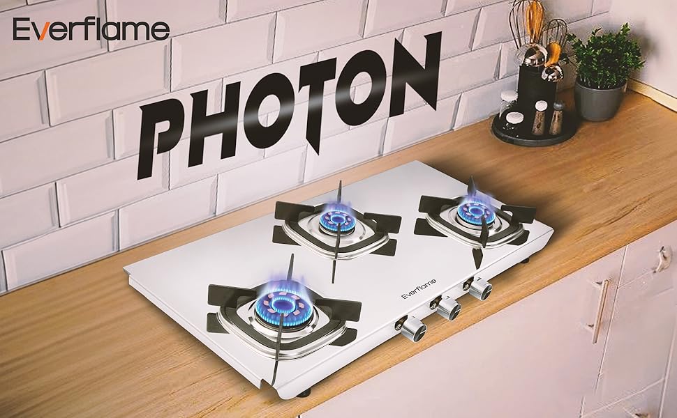 Everflame Photon Bahubali 3 Burner Gas Stove | Heavy-Duty Stainless Steel Body, PetalArc Brass Burners