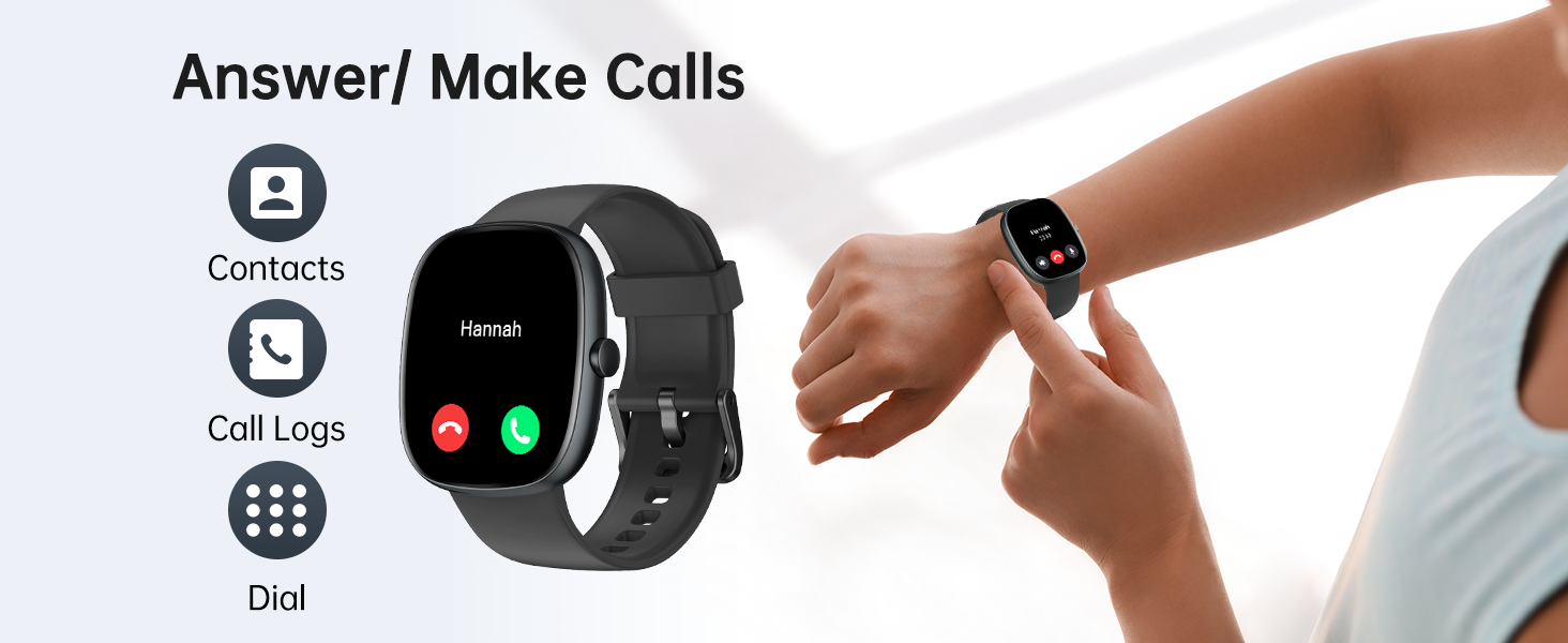 a person holding a smart watch with a hand showing the phone number and the other hand with a hand holding a phone.