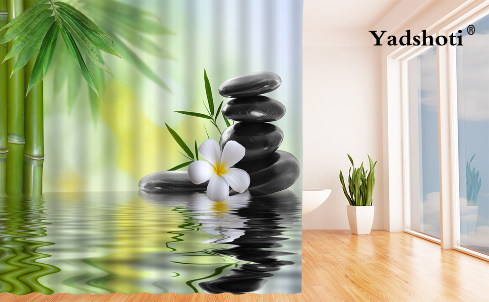 Lileihao Zen Garden Shower Curtain Spa Green Bamboo Black Stone White