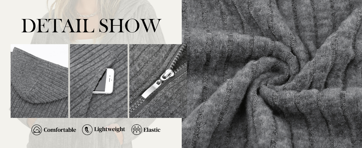 Close-up textile detail showing grey fabric texture with product features indicated as comfortable, lightweight, and elastic.