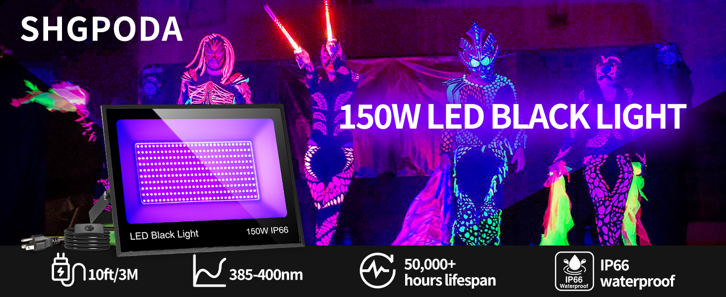 SHGPODA 2 Pack 150W LED Black Lights Flood Light with Plug and Switch(10ft Cable), IP66
