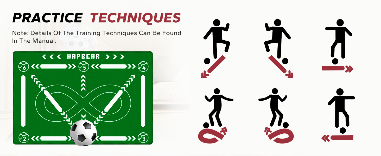 Text reads 'PRACTICE TECHNIQUES'. Green diagram showing soccer field layout with stick figures and directional indicators for training exercises.