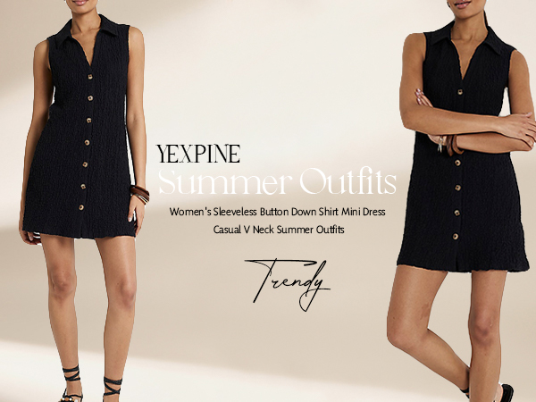 YEXPINE Women's Sleeveless Button Down Shirt Dress V Neck