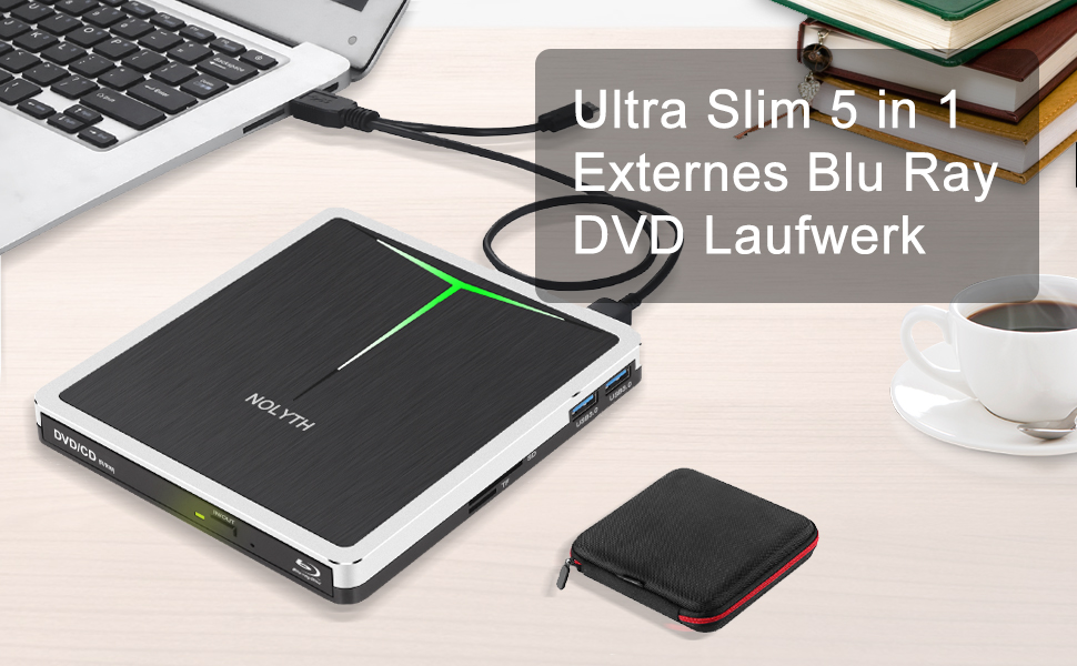 NOLYTH Externe Blu Ray CD DVD Laufwerk, USB 3.0 TypeC Externer DVD Bluray Brenner, Portable
