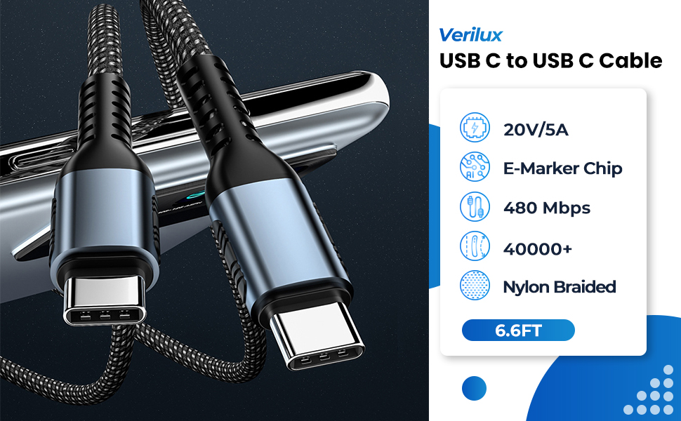 Verilux TypeC Cable Fast Charing 100W PD 5A 6.6FT,USB C to USB C Cable