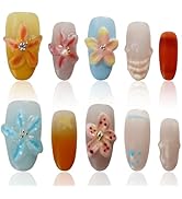 Press On Nails - Medium Length Almond Handmade Unique Fake Nails, Tropical Flowers Style Art Desi...