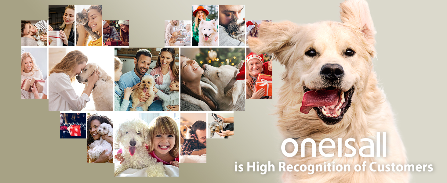 Collage van familiefoto's rondom een lachende golden retriever. Tekst 'oneisall' eroverheen, met 'is Hoge herkenning