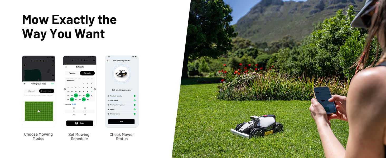 Split image showing smartphone app interface for lawn mowing and a person operating a robotic lawn mower in a garden setting.