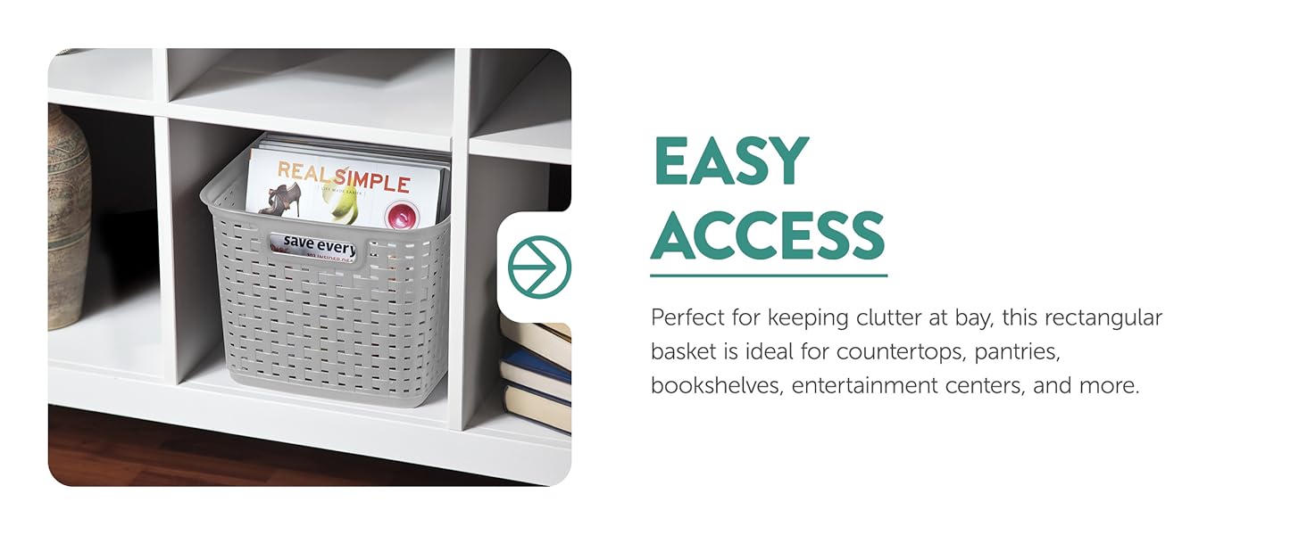A plastic storage basket containing books, organized neatly for easy access keeping clutter free.
