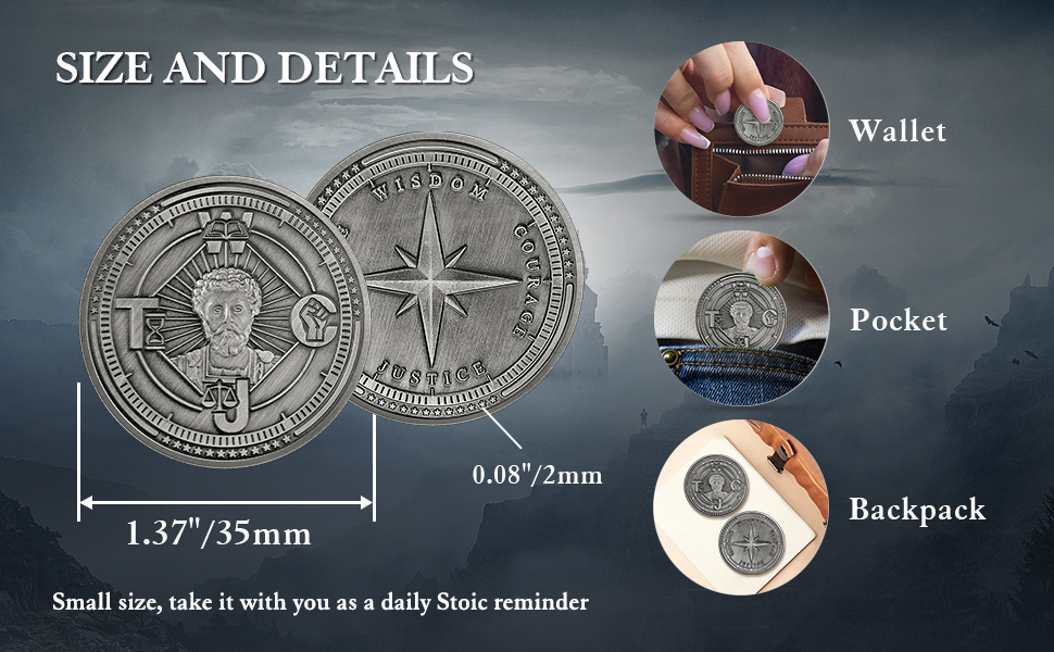 moedas de quatro virtudes, token de lembrete estóico, moeda edc, moeda estóica diária