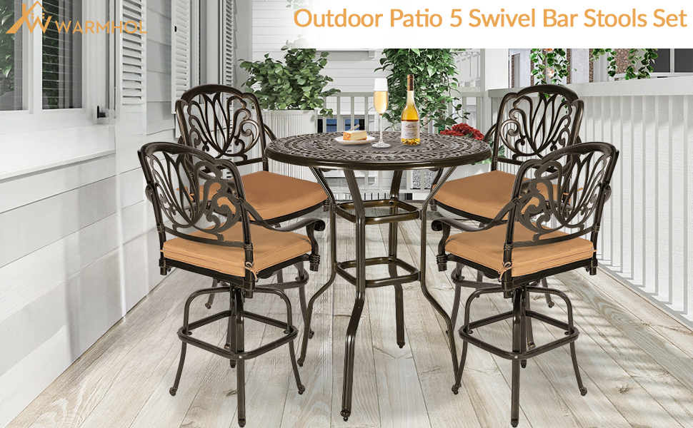 W WARMHOL 5 Pieces Patio Swivel Bar Set, Patio Bar Table