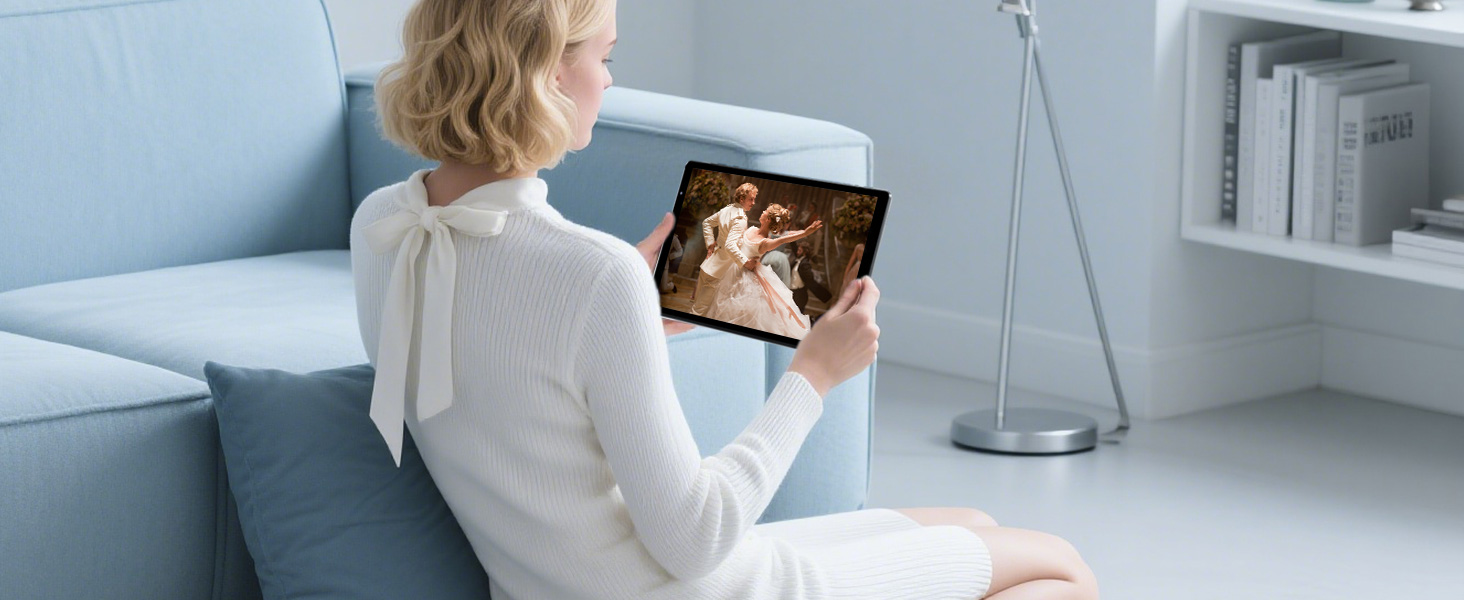 Side view of person in white sweater sitting in modern interior setting, holding and viewing tablet device.
