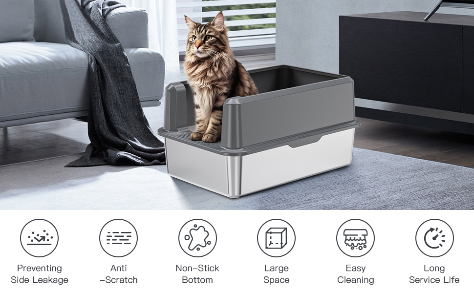 Stainless Steel Cat Litter Box with Top Lid, Large Kitty Litter Box for