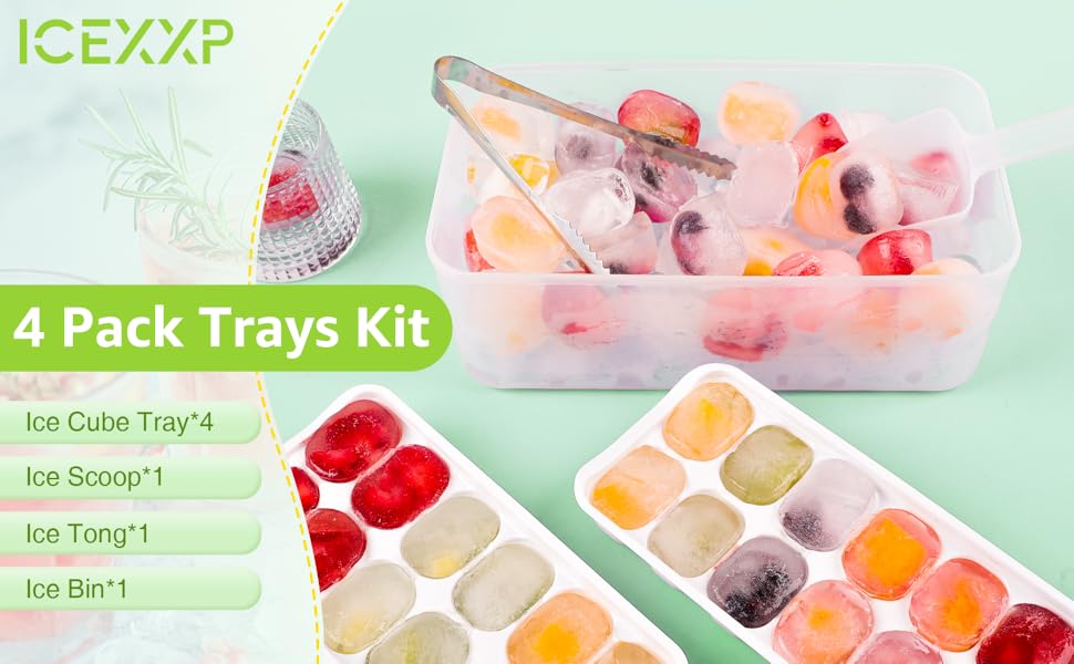 ICEXXP 4 Pack Ice Cube Tray with Lid and Bin, Ice Cube Trays for Freezer with Ice