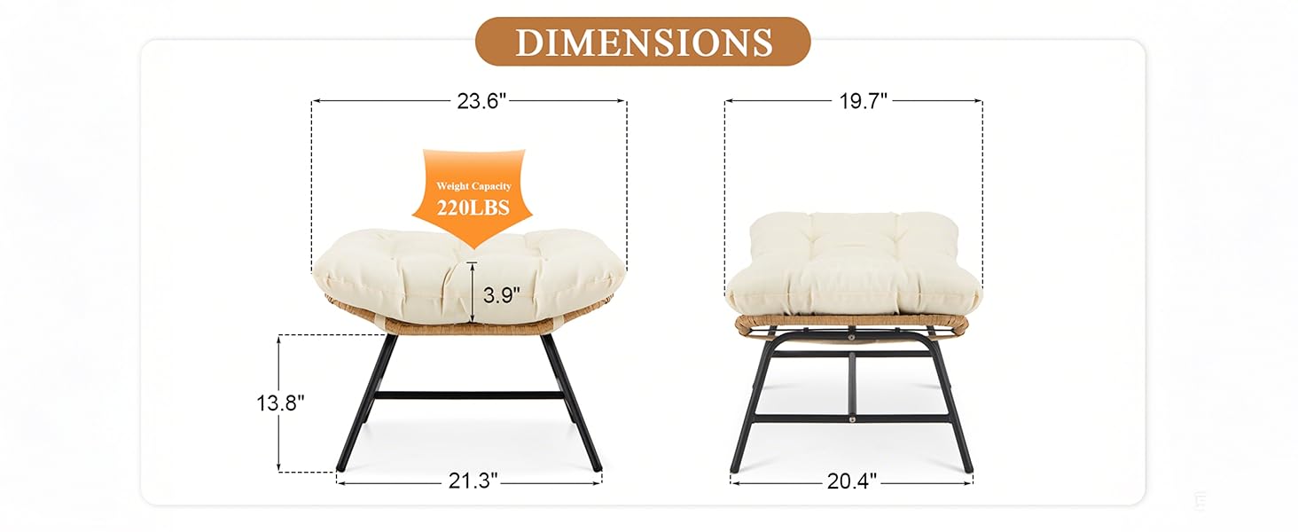 wicker rattan ottoman with cushion cushions outdoor patio backyard porch deck balcony beige brown