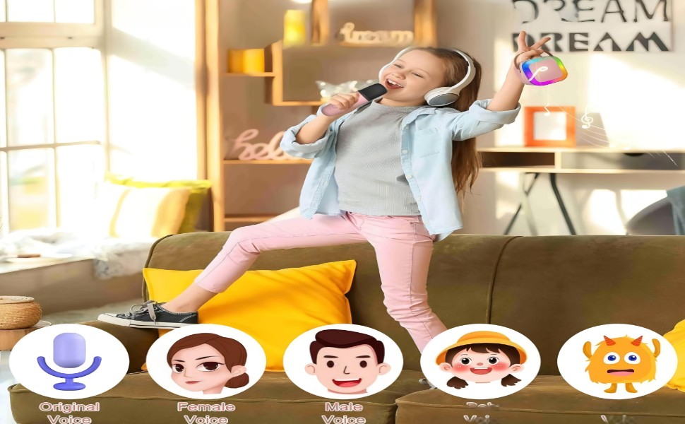 Girl singing with Bluetooth mic and speaker using funny voice changing sound modes