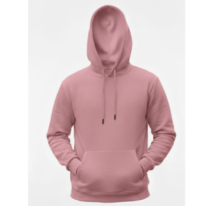 سويت شيرت بلوفر باللون الوردي المغبر معروض على خلفية بيضاء، يُظهر المنظر الأمامي بجيب كانجارو وغطاء رأس برباط.