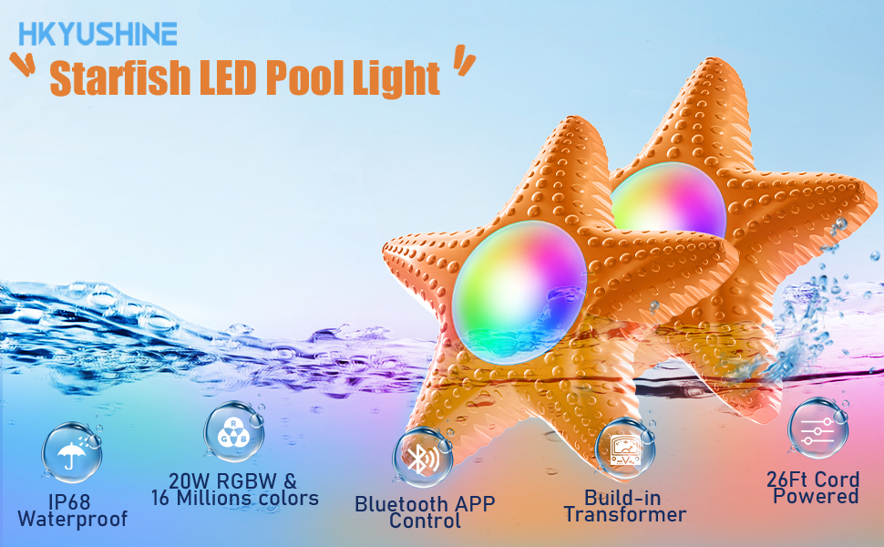 HKYUSHINE Starfish LED Pool Lights, 20W/12V RGB LED