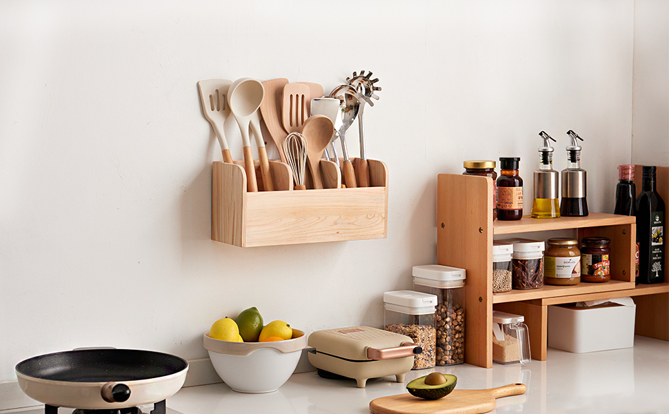 OAKERLAND Extra Large Utensil Holder Wall Mount, Hinoki Cypress Wood