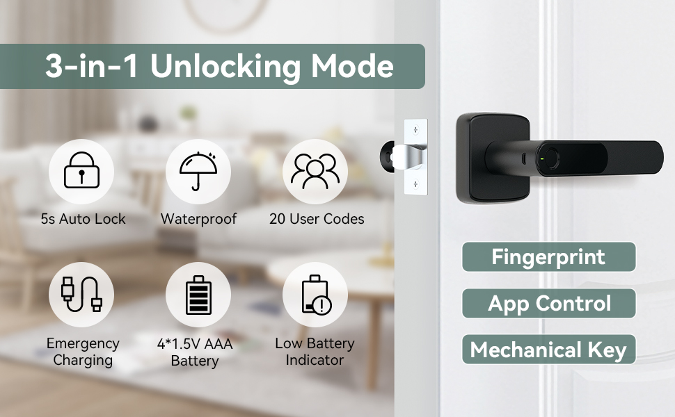 Tenon Fingerprint Smart Door Lock with Handle, Biometric Fingerprint