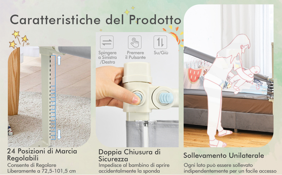 COSTWAY Barriera Letto Per Bambini, Sponda Di Sicurezza Con Doppio Blocco Di Sicurezza Per Bambini, Con Sollevamento Verticale, Lunghezza 174 Cm (Grigio) 12 2