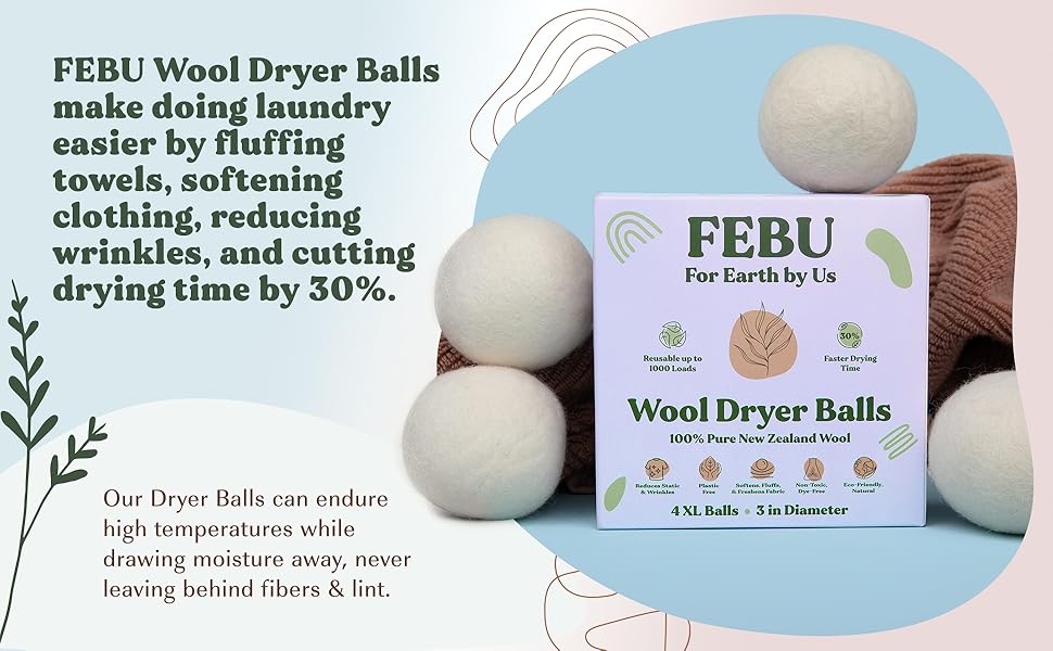 FEBU Wool Dryer Balls, 4Pack, XL 100 New Zealand Wool Natural, Reusable Fabric