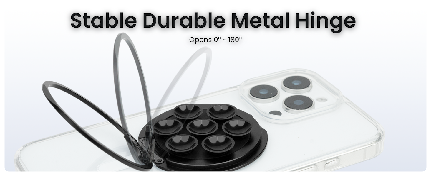 Casespire 3-in-1 Suction Grip Stand has a durable metal hinge that can open 0 degree to 180 degree
