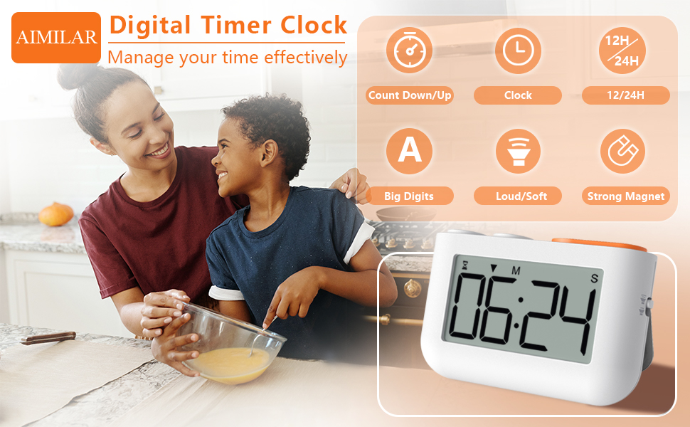 AIMILAR Small Countdown Timer Clock Digital Kitchen Count Up and Down