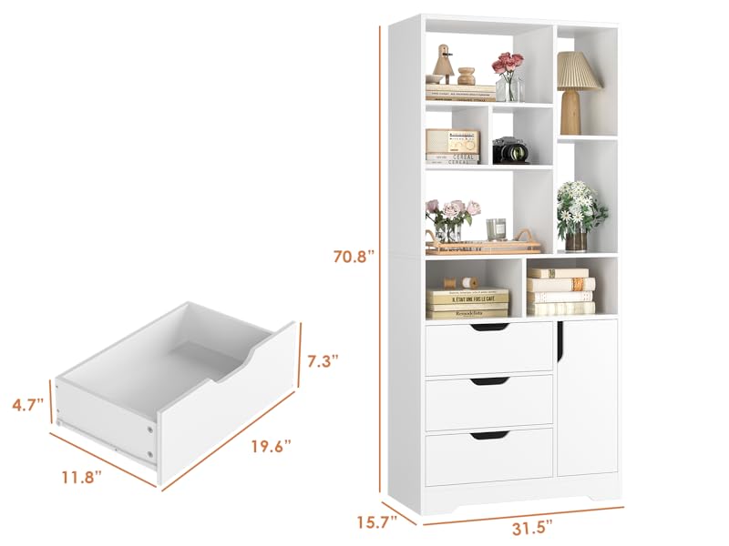 FOTOSOK 71 Inches Tall Bookshelf, White Bookshelf with 3